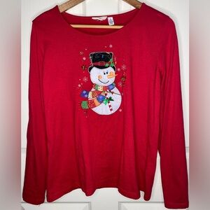 Festive Red Snowman Long Sleeve Tee Shirt, Women’s Xmas Holiday Top
